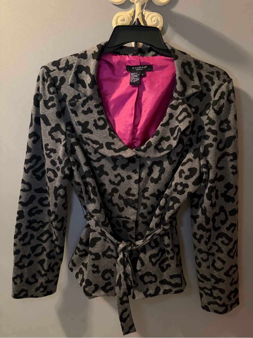 Sandro Gray Leopard Print Belted Blazer with Pink Lining